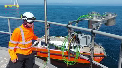 Offshore communications engineer installing a MetOcean sensor system to an offshore floating wind turbine.